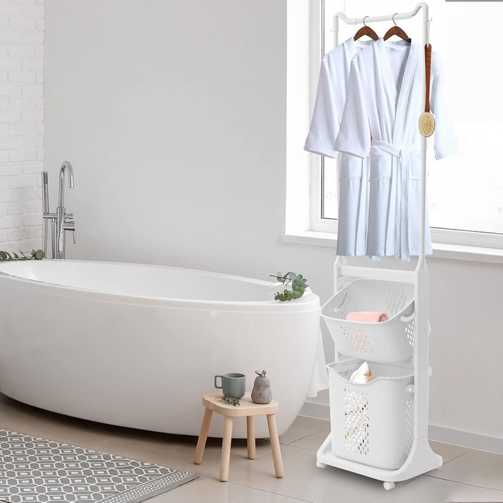 Rolling Laundry Hamper Cart with Wheels and Hanging Bar, 2 Tier Rolling Laund...
