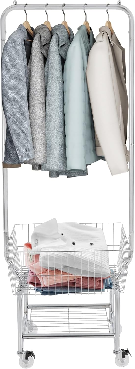 Wire Laundry Cart, Commercial Laundry Basket with Rack and Wheels