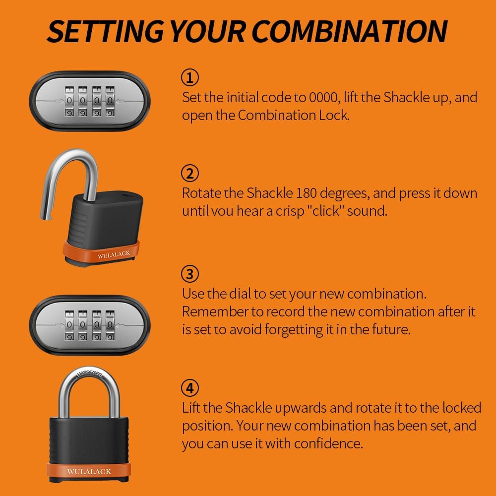 WULALACK 4 Digit Heavy Duty Combination Lock, Weatherproof Combo Padlock for ...