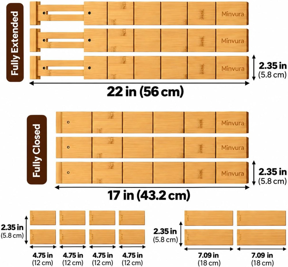 6 Pack Bamboo Drawer Dividers with 12 Inserts, Adjustable 17–22 Inch Expandab...