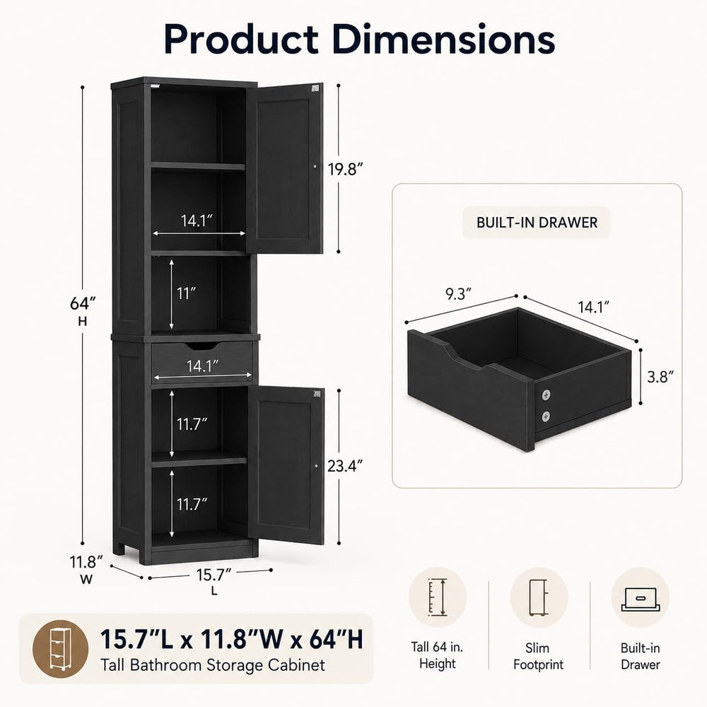Walsunny Tall Bathroom Storage Cabinet with 6 Adjustable Shelves, Black