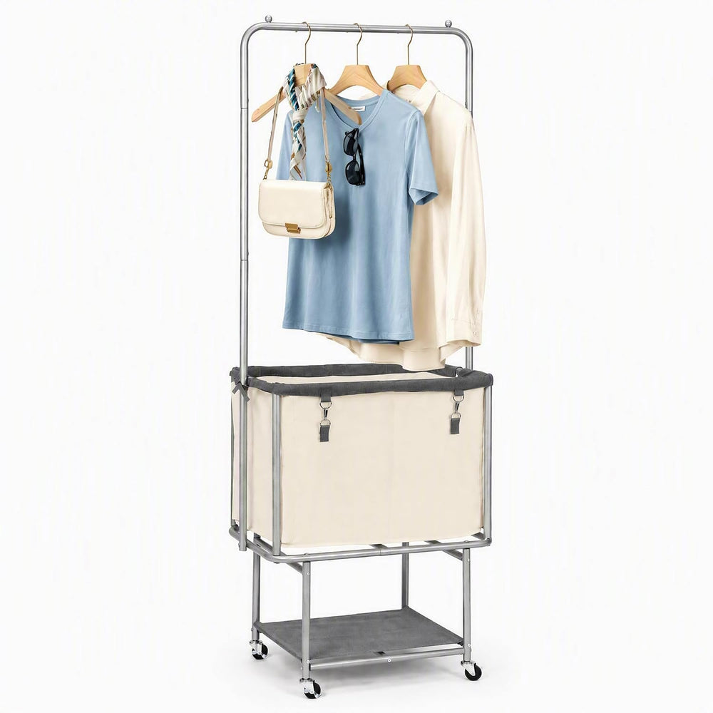 Rolling Laundry Cart 110L With Hanging Bar & Storage Shelf, Beige