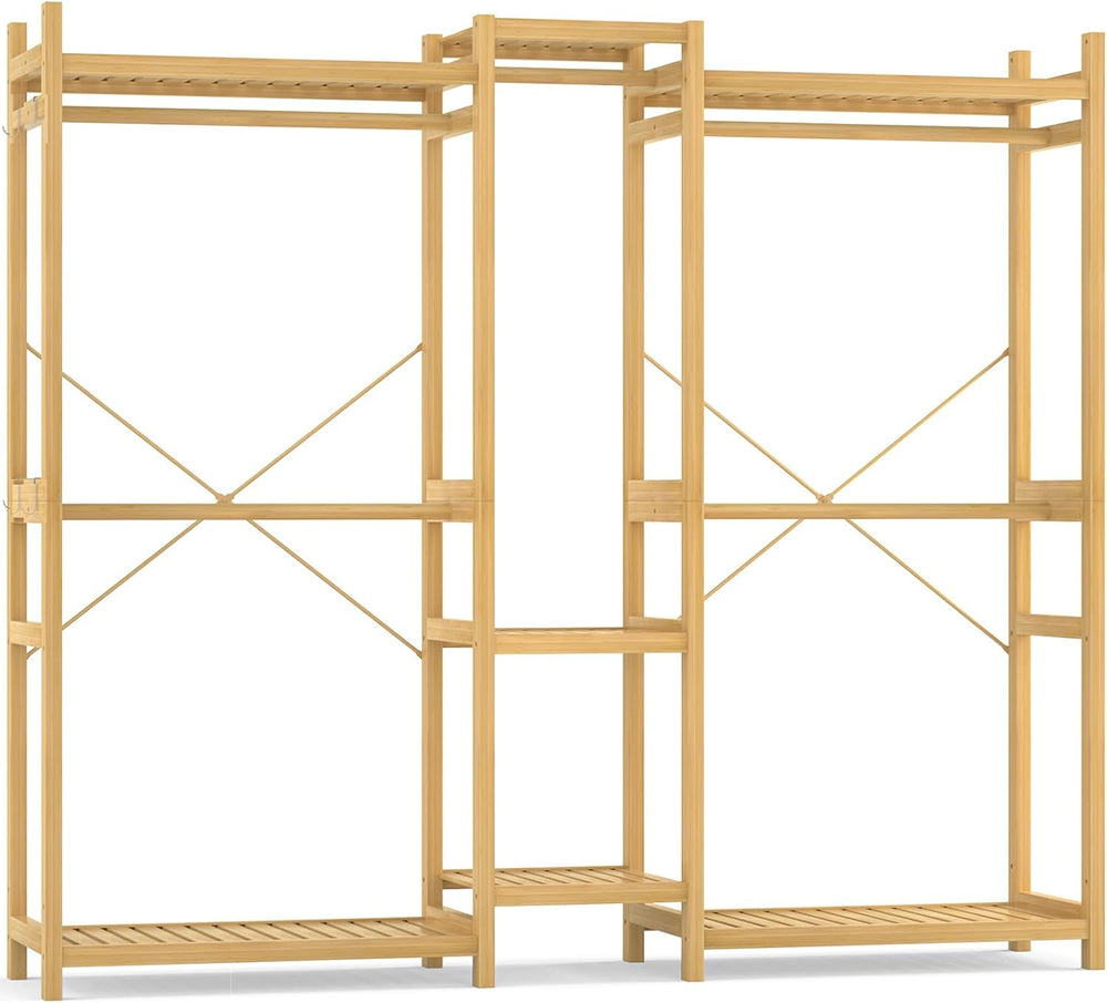 Homykic Bamboo Clothing Rack with Shelves, 70” Wide Closet System, 78.8”H