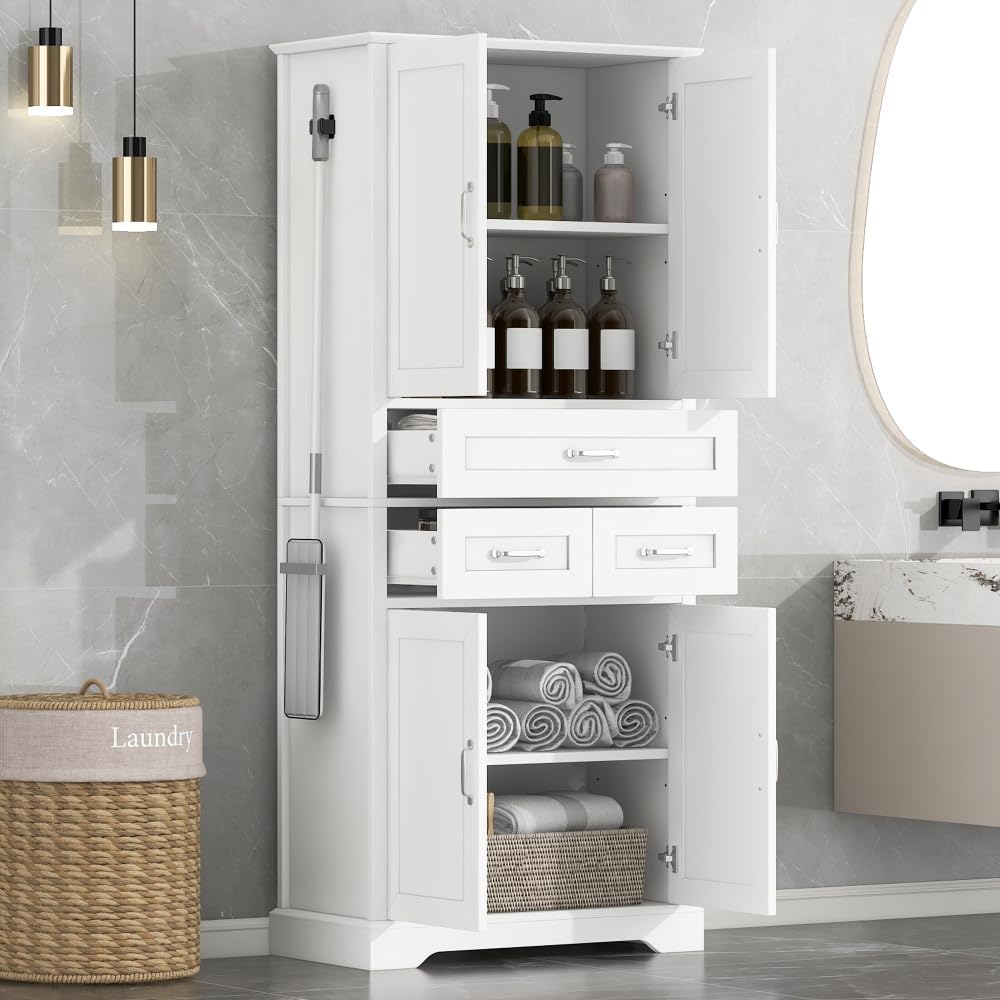 Wood Tall Storage Cabinet with Storage, 4 Doors & 3 Drawers, Bathroom Sto...