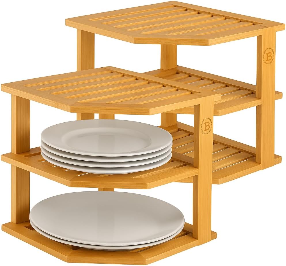 2 Pack Plate Organizer for Cabinet, 3-Tier Bamboo Corner Shelf Rise