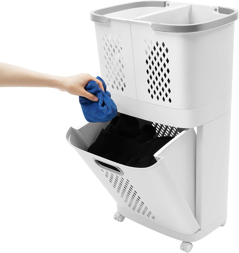 2 Tier Plastic Laundry Hamper, Removable Household Bathroom Clothes Storage B...