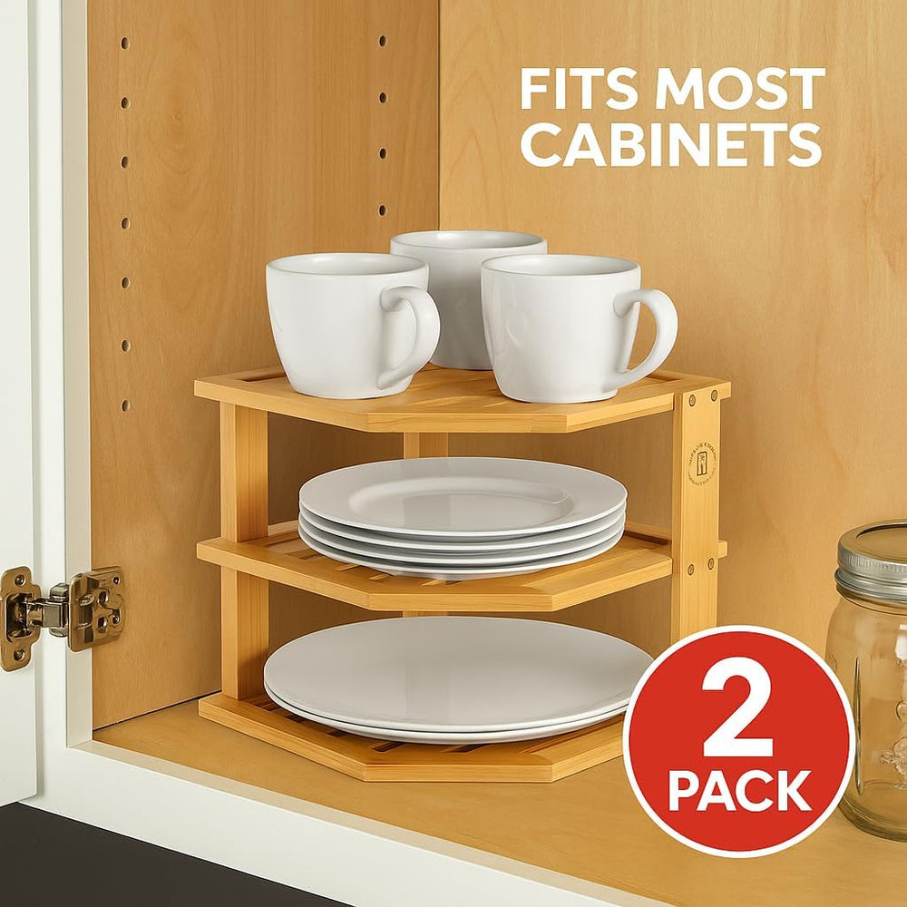 2 Pack Plate Organizer for Cabinet, 3-Tier Bamboo Corner Shelf Rise