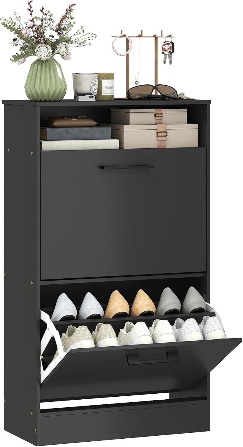 HOMCOM Shoe Cabinet with 2 Flip Drawers, Open Shelf, up to 12 Pairs, Black