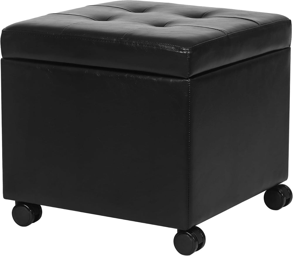 Homebeez 18" Square Storage Ottoman with Wheels, Tufted Faux Leather Cube