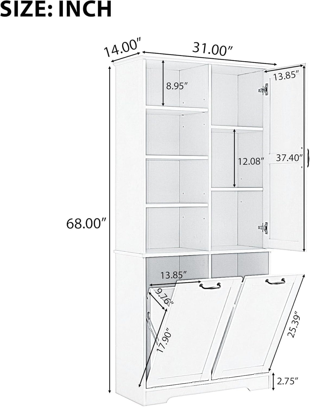 Virubi Tall Laundry Cabinet with 2 Tilt Out Laundry Hamper, Wood Bathroom Sto...