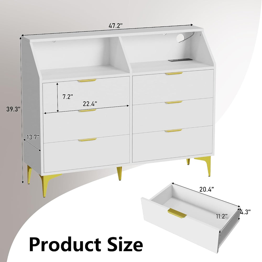LOUVIXA 6 Drawer Dresser with LED Light, Chest of Drawers with Charging Stati...