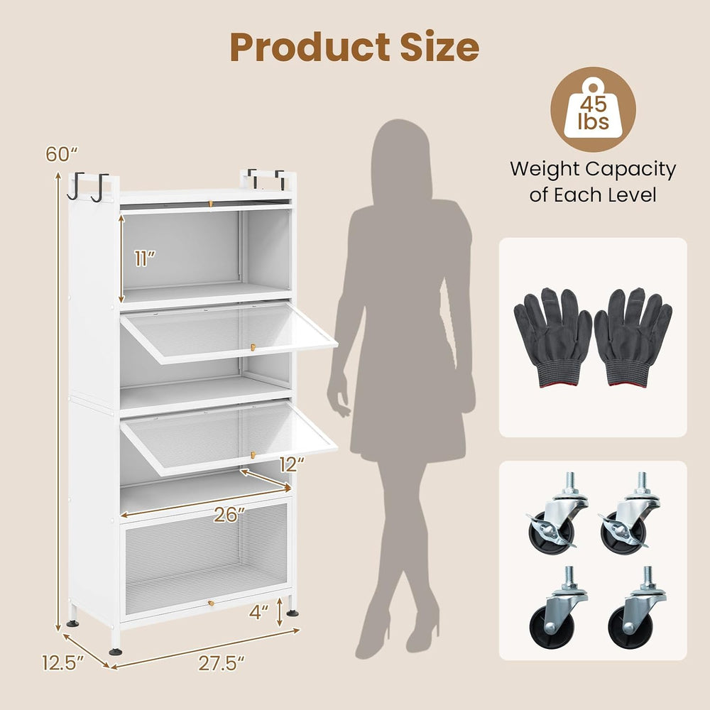 GIANTEX 5-Tier Kitchen Storage Cabinet, 4 PC Doors, Rolling Wheels (White)