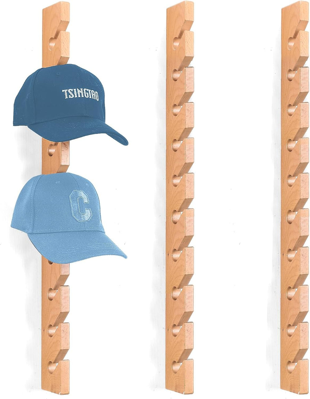 3 Pack Beech Wood Hat Rack for Wall – 10 Hooks Baseball Cap Organizer | Verti...