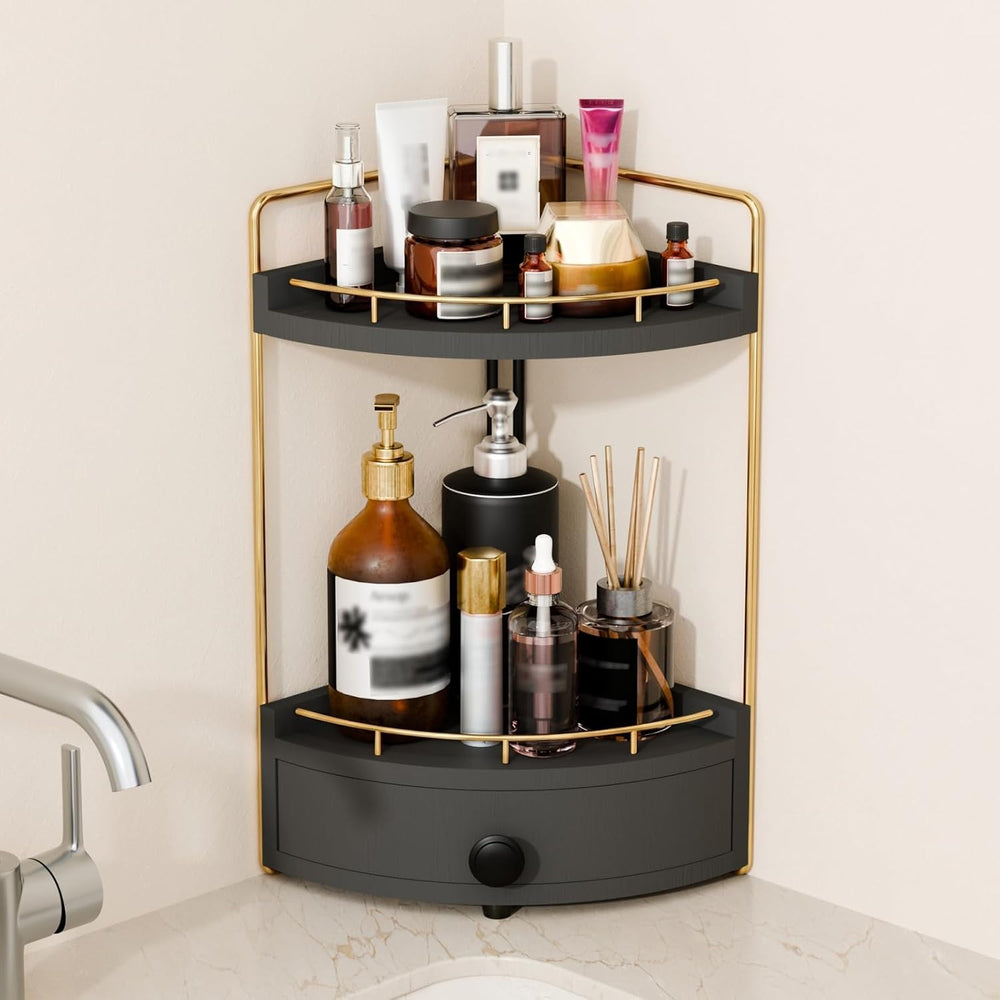 2-Tier Corner Bathroom Counter Organizer with Drawer, Black Gold