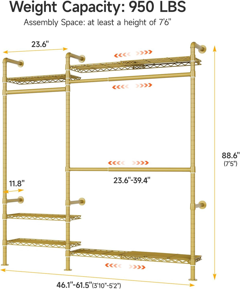 ONBRILL H2 Plus Expandable Wall Mounted Closet System Garment Rack, Gold