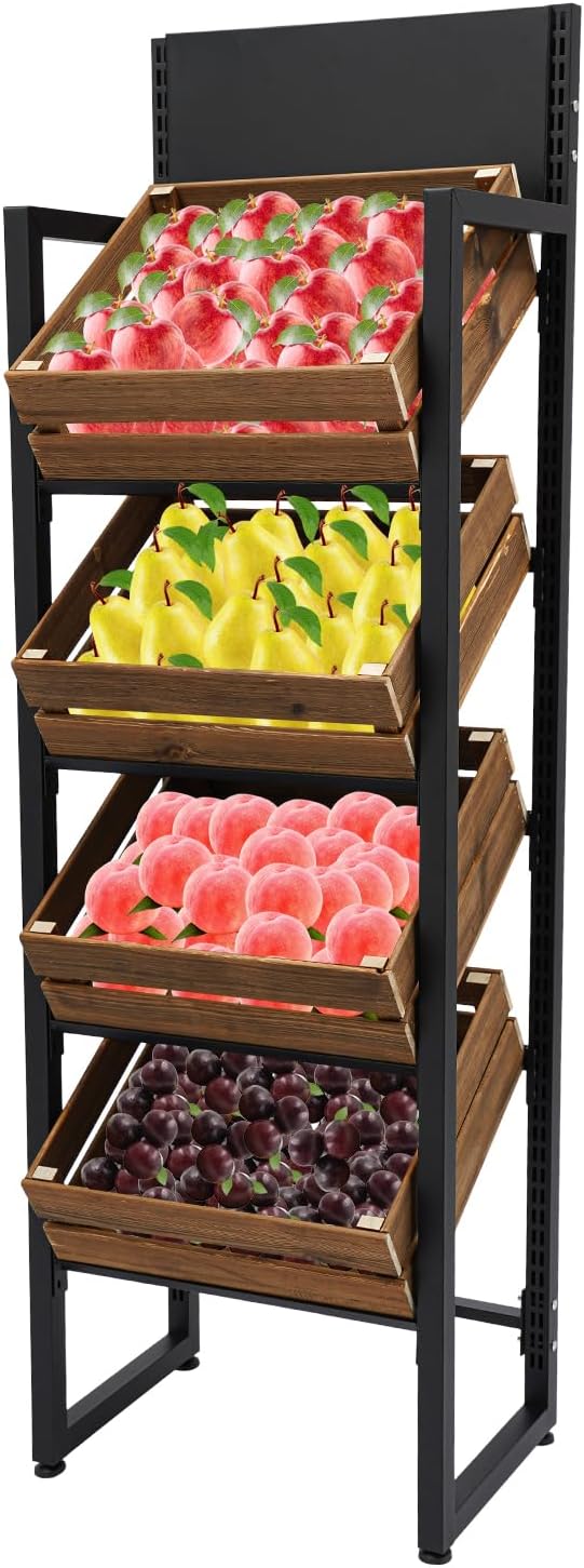 4-Tier Wood Fruit Vegetable Storage Basket Stand, Market Retail Display Rack ...