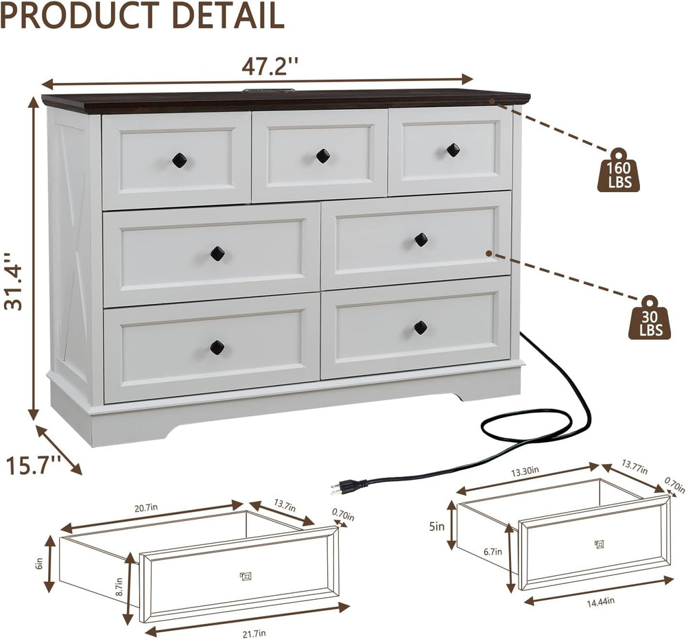 Farmhouse 7 Drawers Dresser for Bedroom with Charging Station,Wood Dressers