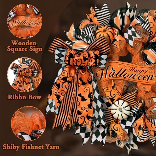 Halloween Wreaths for Front Door, Halloween Wreath with Ribbon Bow