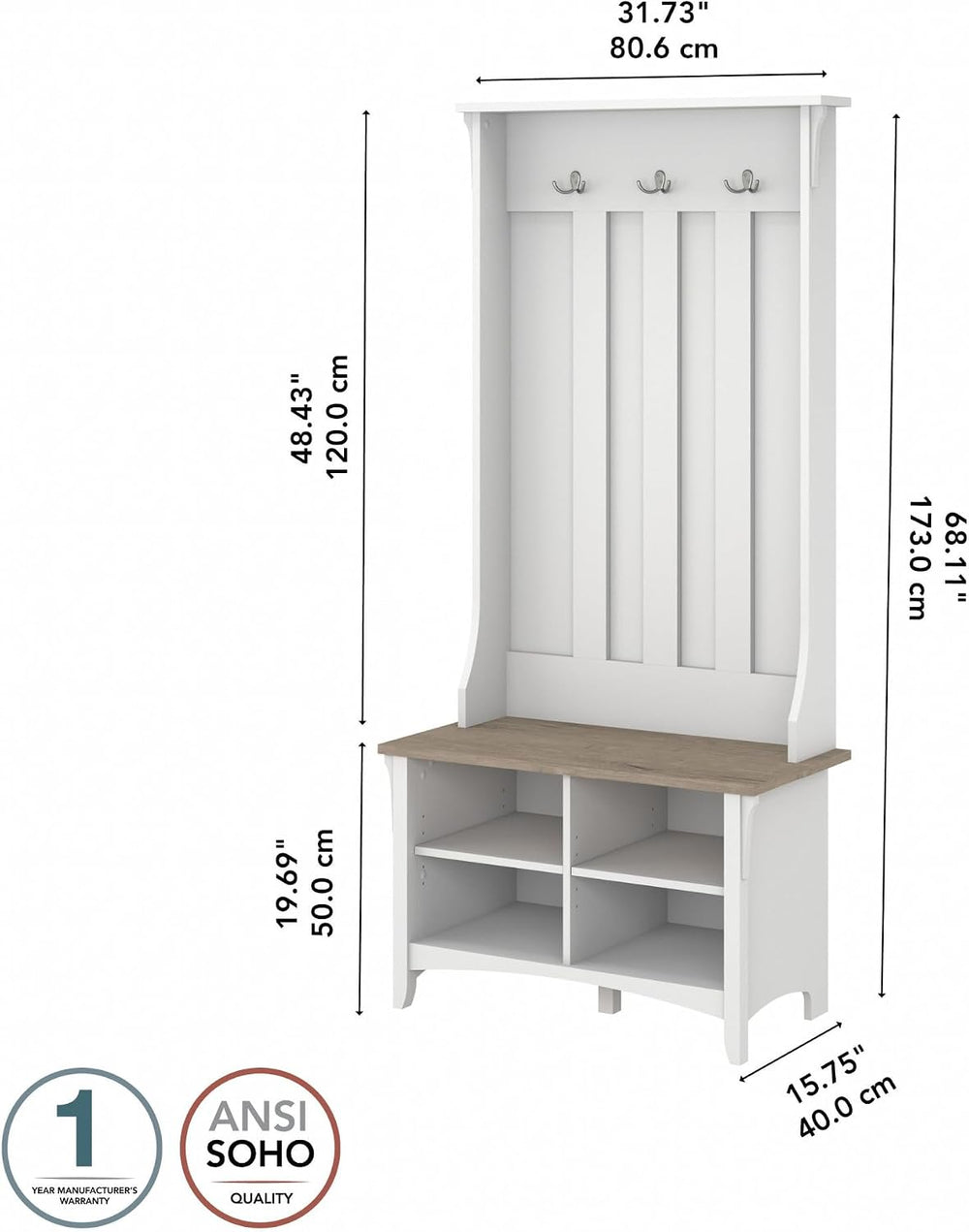 Bush Home Salinas Hall Tree with Shoe Storage Bench in Shiplap Gray and Pure ...