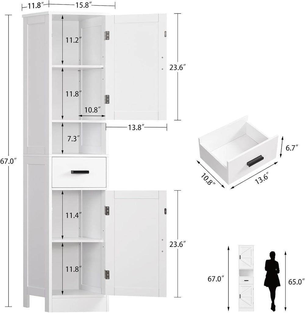 67" H Tall Bathroom Storage Cabinet with Barn Doors and Drawer, Bathroom...