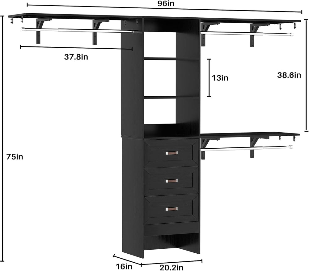 8FT Closet System with 3 Curved Drawers, 96'' Wooden Walk-in Closet O...