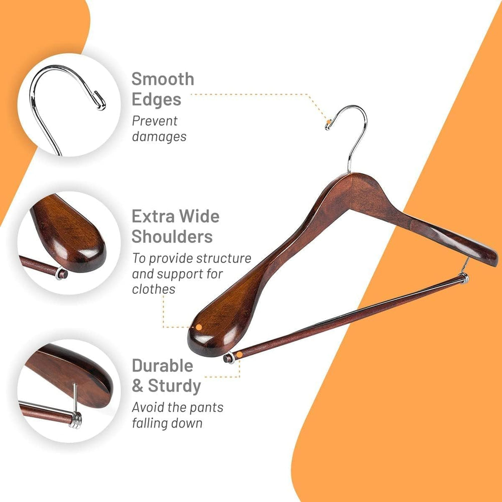 Wide Shoulder Wooden Suit Hangers with Non-Slip Pants Bar & 360° Swivel H...