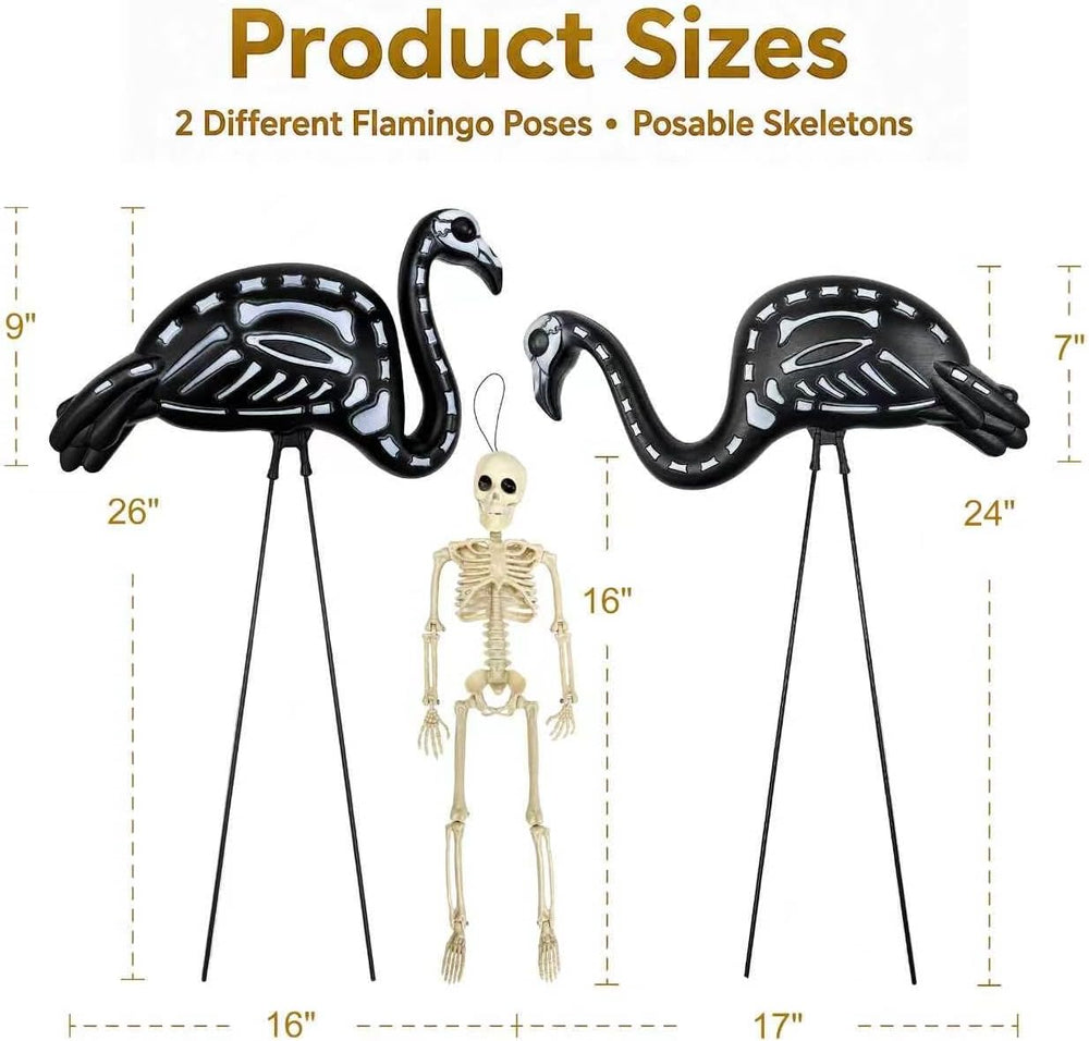 4-Pack Halloween Black Flamingo Skeleton with 4-Pack 16" Posable Skeletons