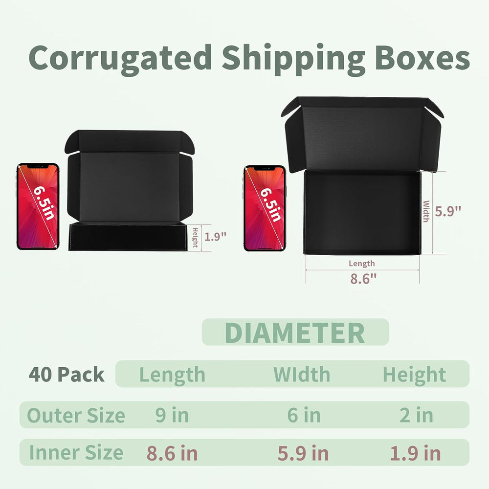 Rempry 40 Pack 9x6x2 Inches Black Shipping Boxes, Cardboard Corrugated Mailer...