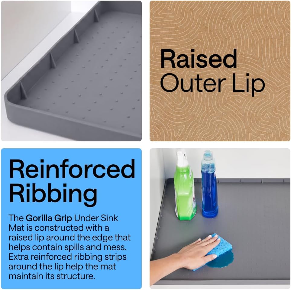 GORILLA GRIP Waterproof Silicone Under Sink Mat, Stay in Place, 34x22 Gray