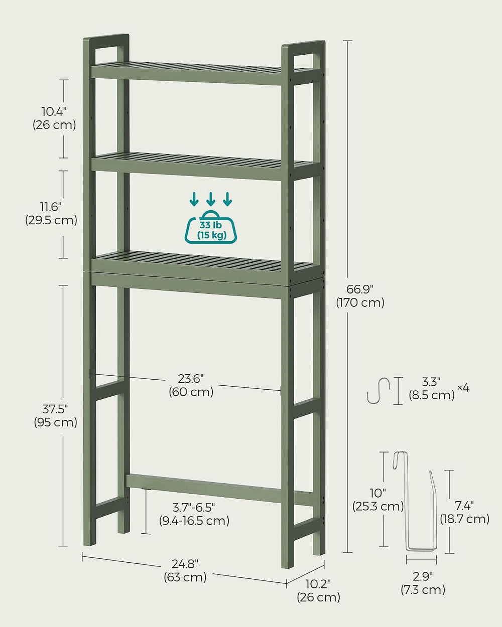 SONGMICS 3-Tier Bamboo Over The Toilet Storage, Adjustable Shelf, 66.9'&#...