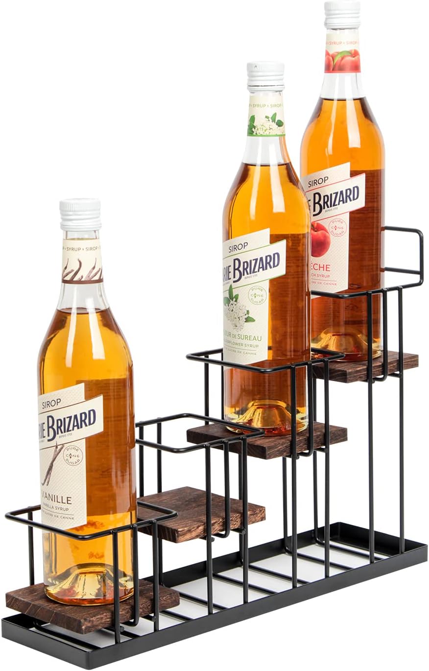 Coffee Syrup Organizer Rack, Rustic Wood and Metal Wire, 4-Tier Display Holde...