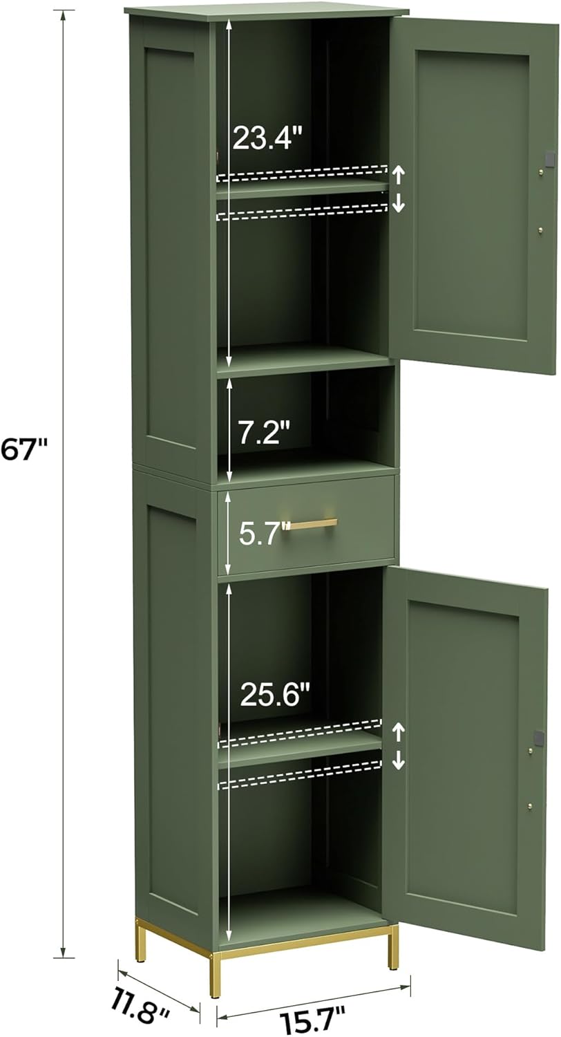 67" H Bathroom Storage Cabinet, Tall Bathroom Cabinet, Green