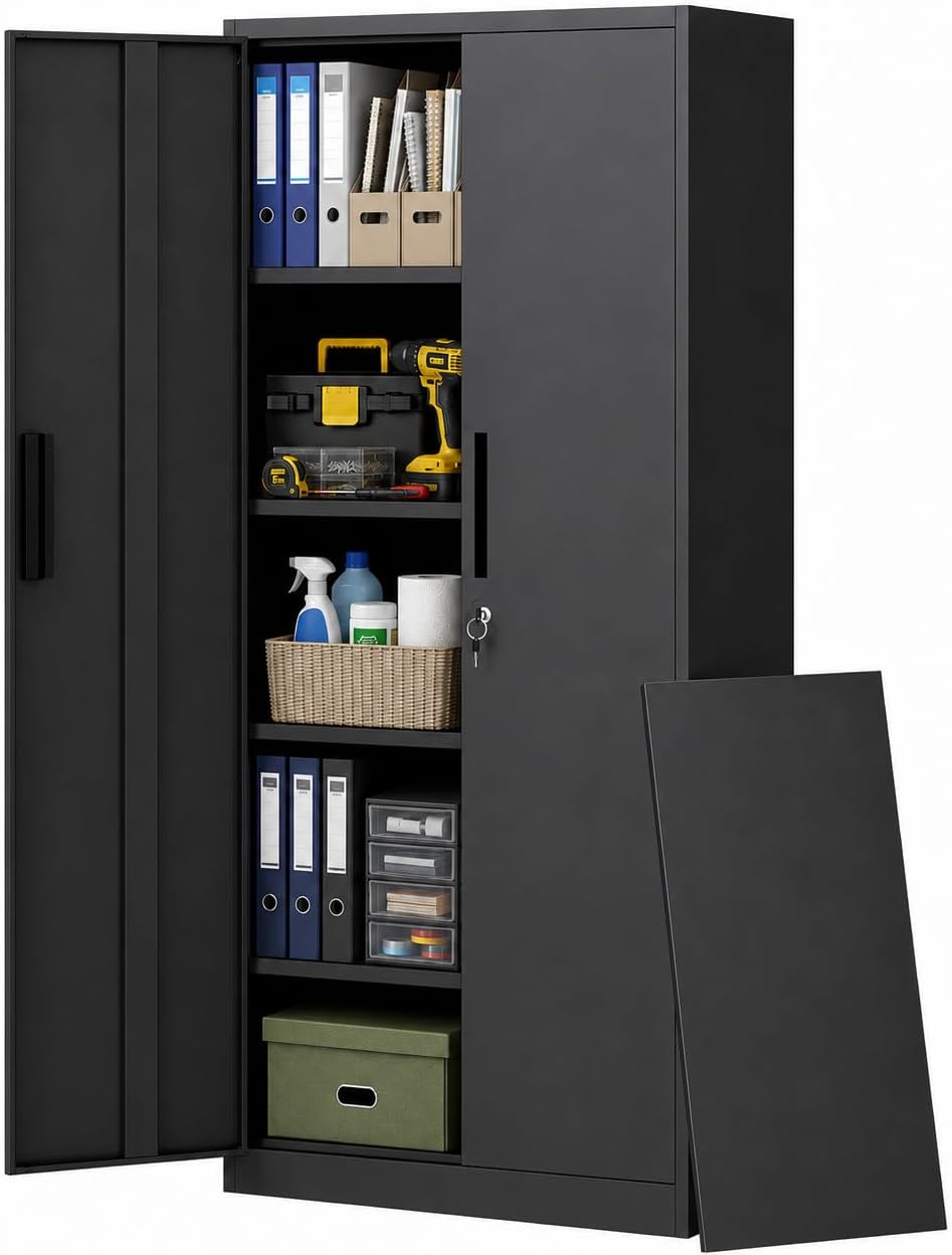 Metal Storage Cabinet with Lock, 72"H Garage Storage Cabinet, Black