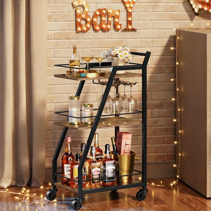 YATINEY Bar Cart, 3-Tier Home Bar Serving Cart with Wheels, Drink Cart with G...