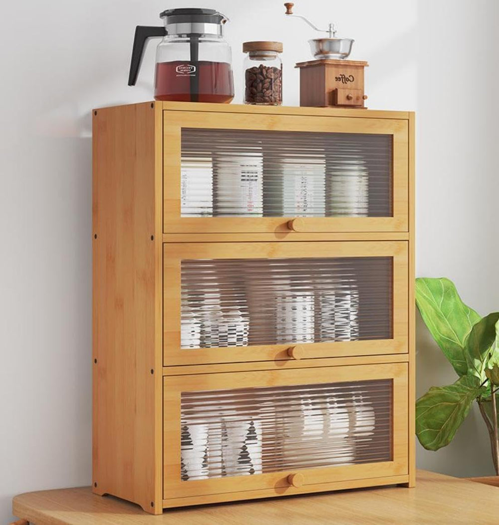 3 Tiers Bamboo Storage Cabinet, Wood Sideboard with Acrylic Doors Modern Kitc...