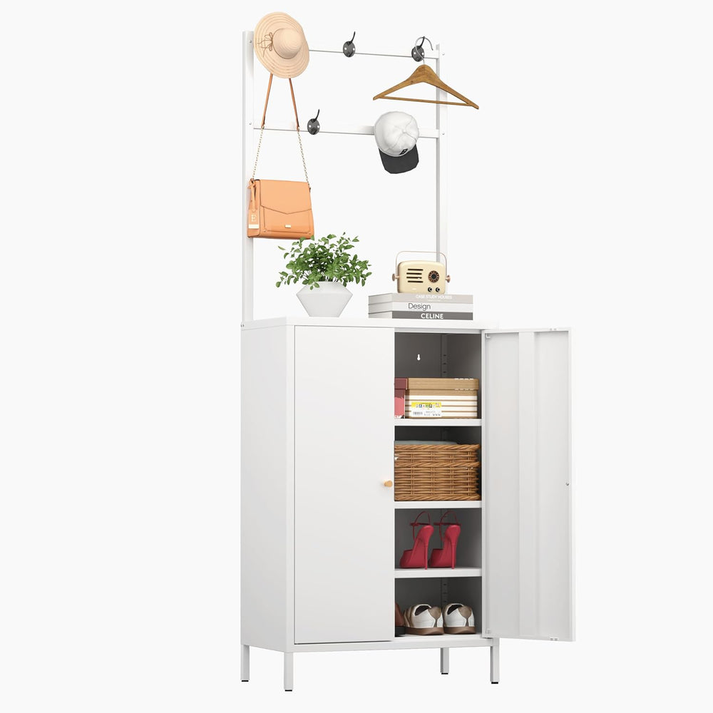 Tall Metal Shoe Cabinet with Coat Rack,Shoe Storage Cabinet with Doors,Hangin...