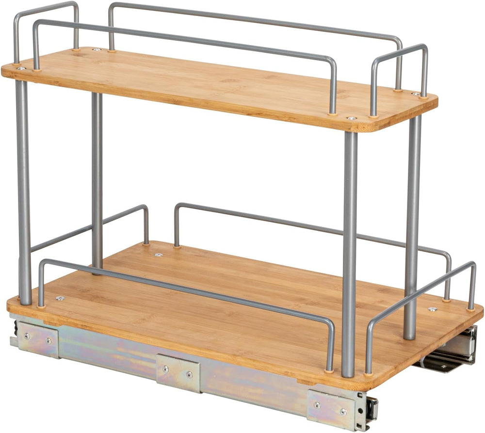 Household Essentials Bamboo and Silver Iron Two-Tier Slide-Out Organizer