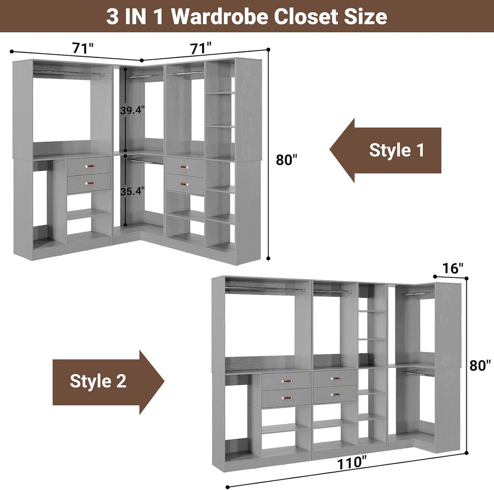 Armocity Freestanding Closet System with 3 Sets, 110'' Reversible Sta...