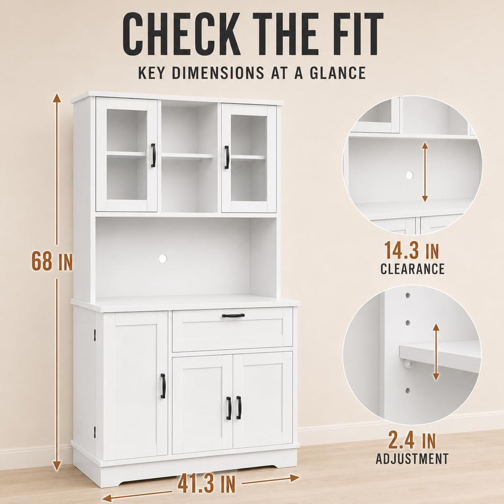 Nuturelly 68" Tall Kitchen Pantry Cabinet with Microwave Stand, White