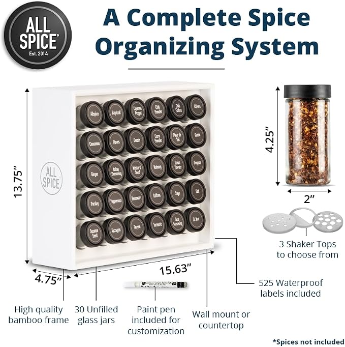 AllSpice Spice Rack Organizer, 525 Unique Labels, Countertop or Wall Mount