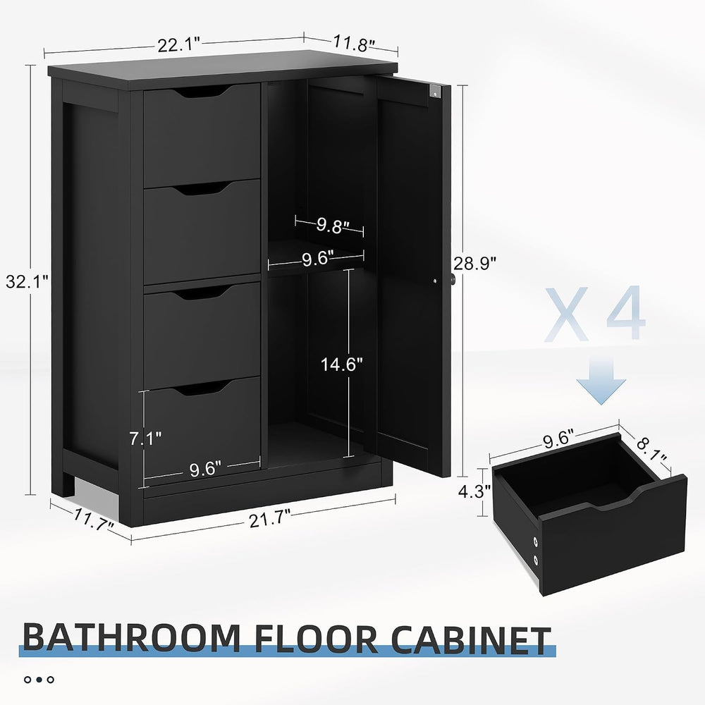 Shintenchi Bathroom Small Floor Storage Cabinet with 4 Drawers, Black