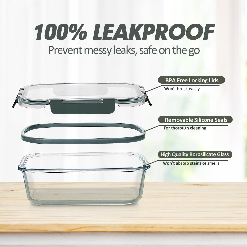 VERONES 12 Packs Glass Food Storage Containers Set with Lids, Grey