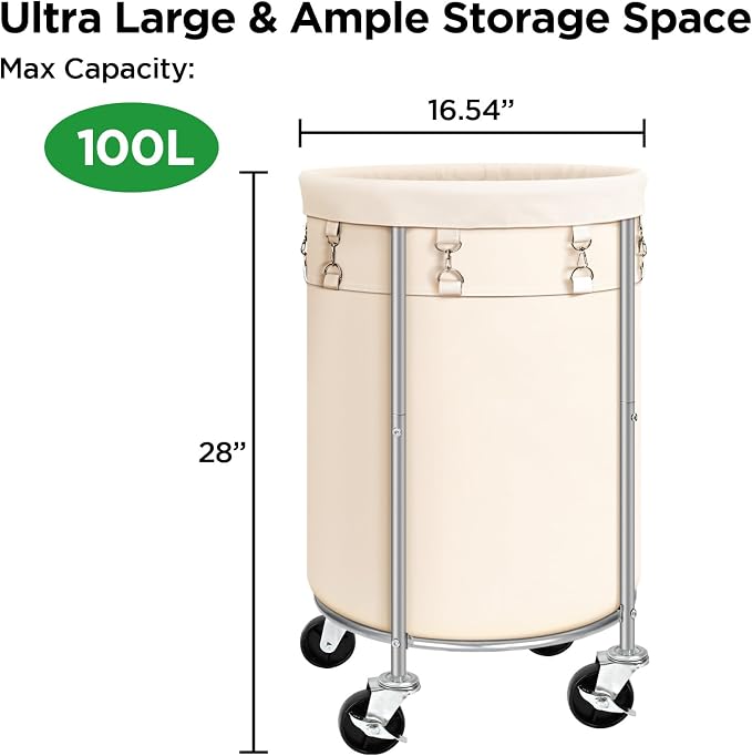 Laundry Hamper with Wheels, 100L Round Rolling Laundry Basket Sorter with