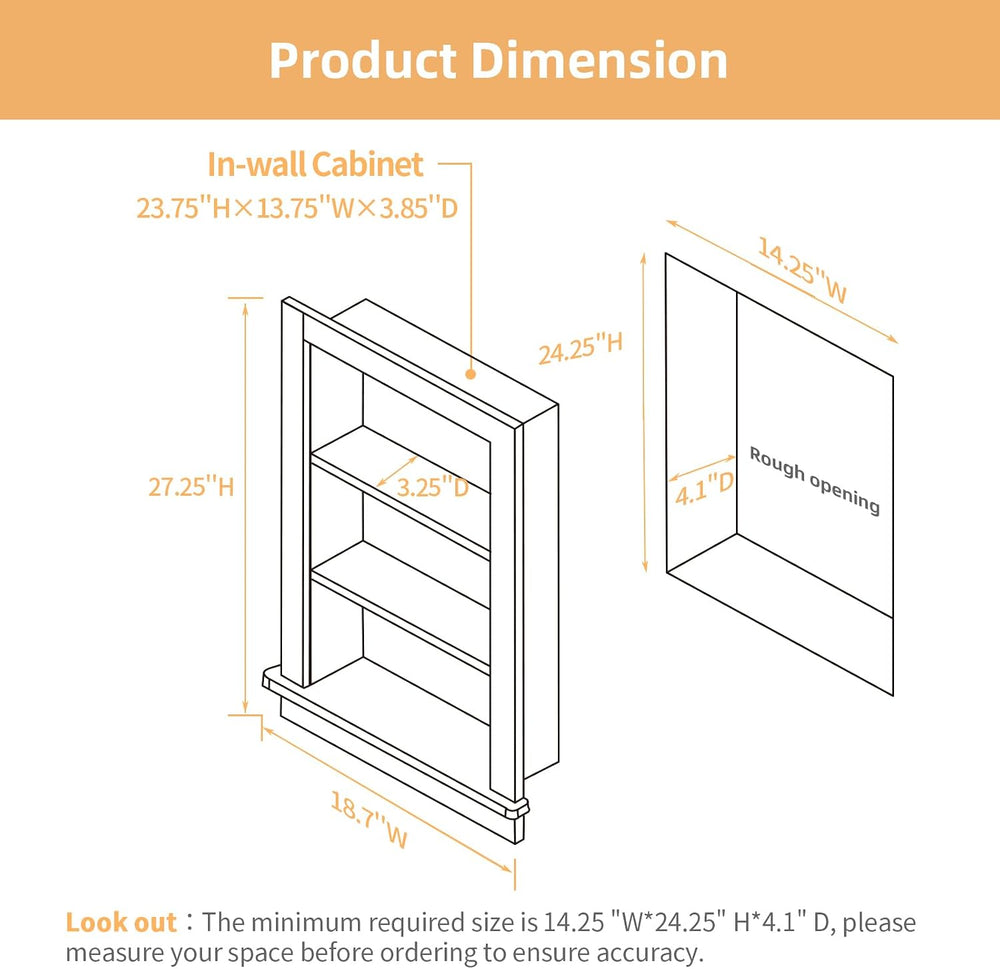 14 x 24 Recessed Medicine Cabinet, Black Bathroom Wall Cabinet, 3-Tier Wall N...