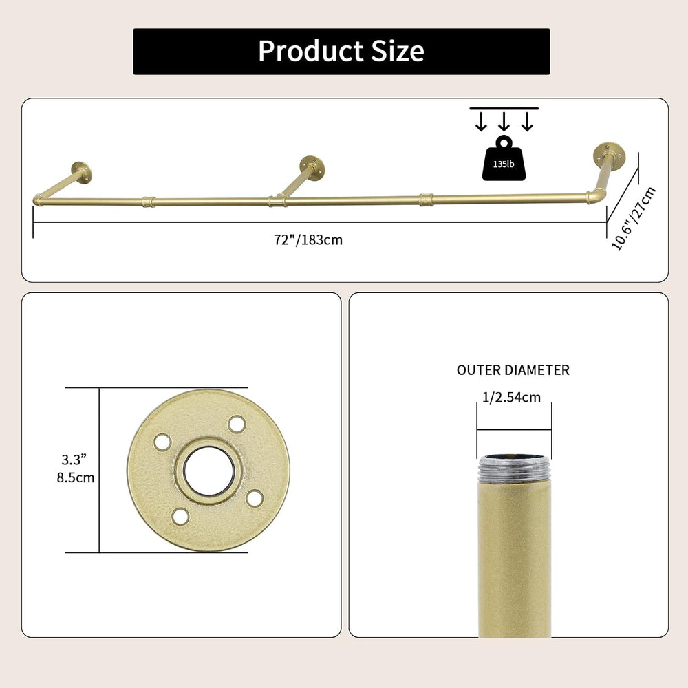 Oroonoko 72inch Gold Wall Mounted Clothes Rack, Industrial Pipe Garment Rack ...