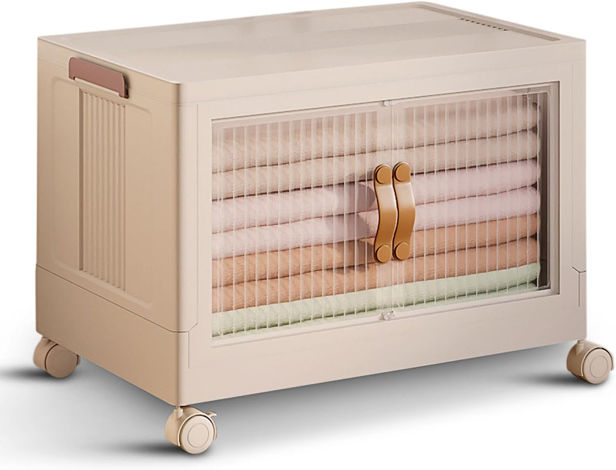 1 Tier Plastic Stackable Storage Bins Open Front with Lids & 360° Wheels 35 QT - Collapsible Storage Bins Home Office Closet Storage Organization, Foldable Clothes Storage Cabinet, 8.8 GAL