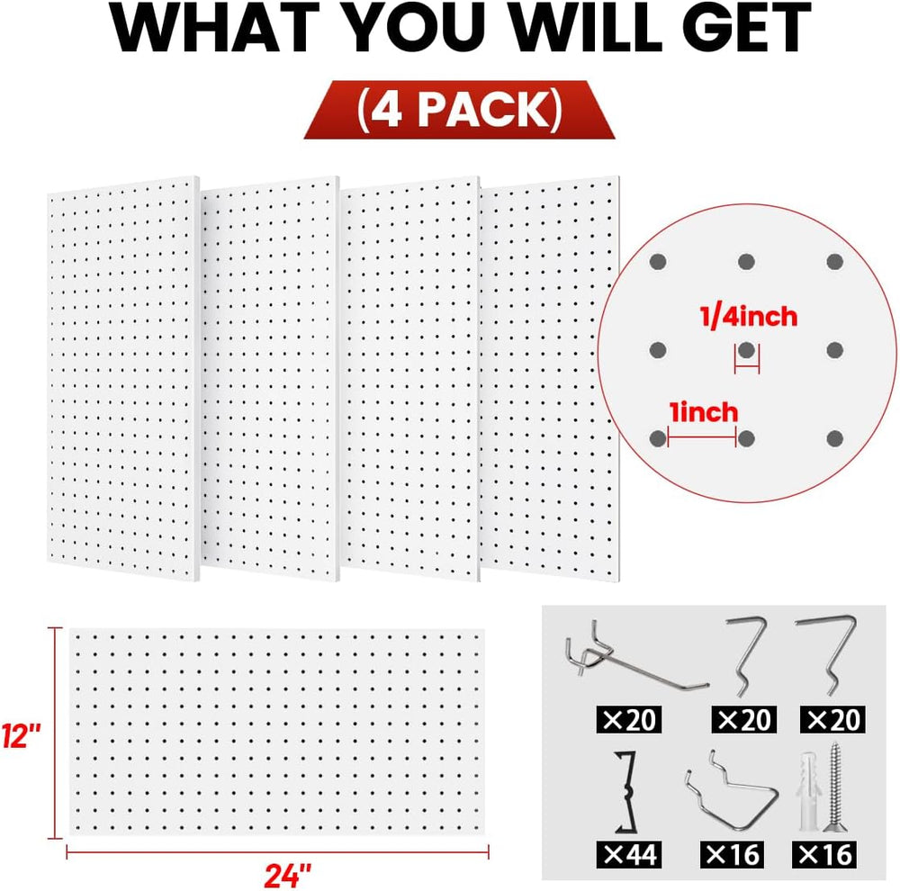 Metal Pegboard Tool Organizer, 12 x 24 in, 30 lb Capacity, 4 Pack