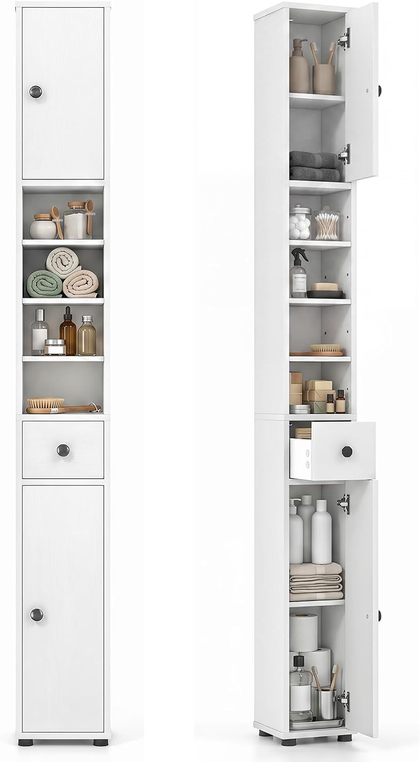 COSTWAY 71" Tall Slim Bathroom Storage Cabinet, 1 Drawer, 2 Doors, White