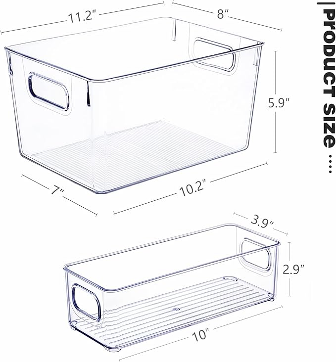 Set of 8 Clear Plastic Storage Bins, 4 Large and 4 Small Stackable Storage