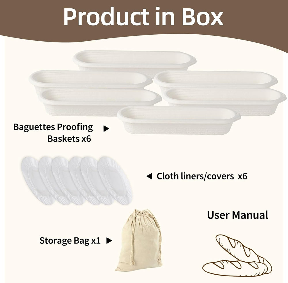 6-Pack 15 Inch Long Baguettes Proofing Basket Sourdough Banneton with Liner